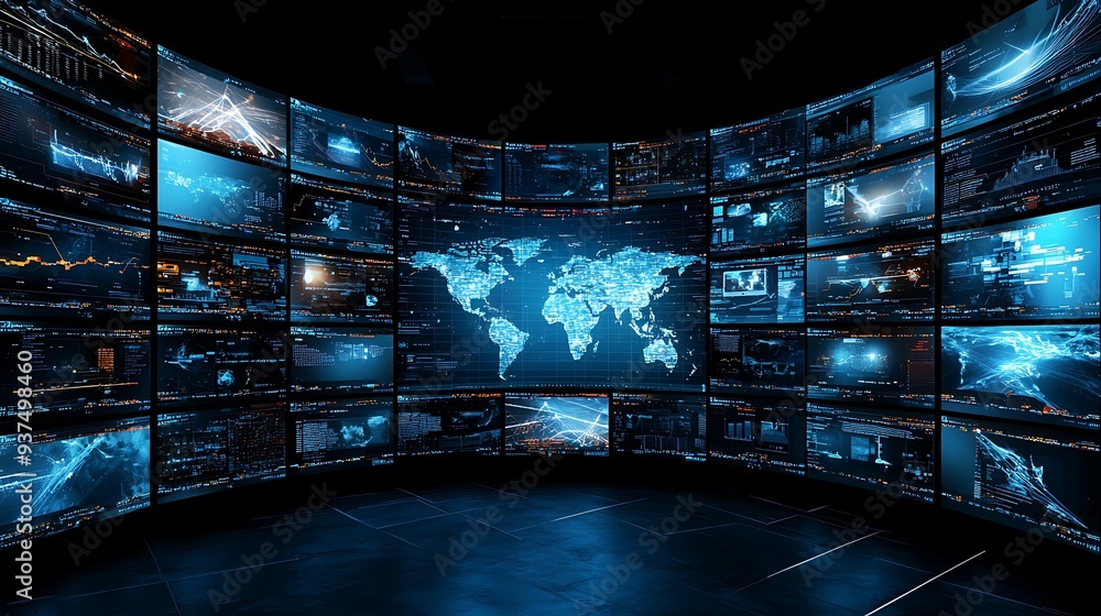 Poster a digital environment with multiple screens displaying conflicting information and fake news, symbol