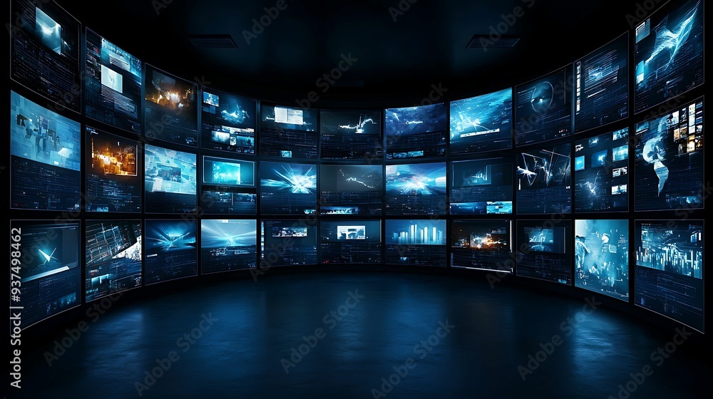 Poster a digital environment with multiple screens displaying conflicting information and fake news, symbol