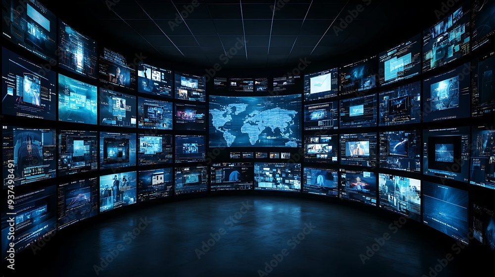 Poster a stylized digital environment with screens showing conflicting news and distorted images, symbolizi