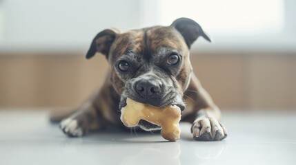 Cute dog lying on floor and holding bone shaped cookie in its mouth
