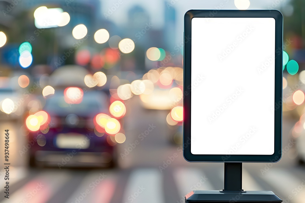 Poster blank billboard sign in city street with blurred background