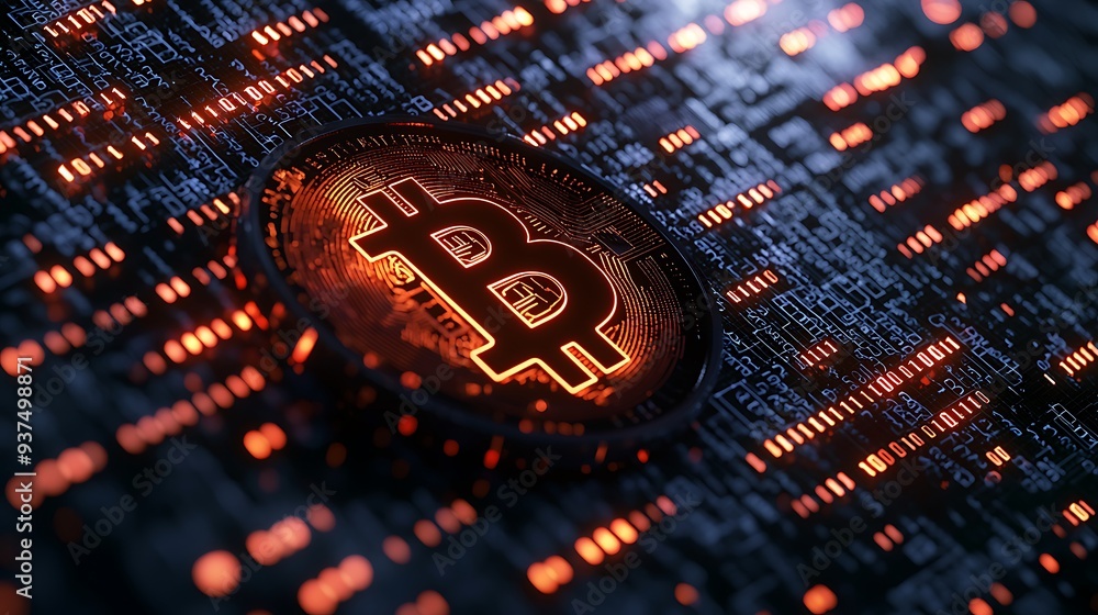 Poster glowing bitcoin cryptocurrency on an abstract circuit board, blending the vibrant energy of digital 
