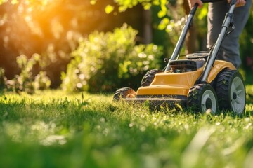Fototapeta premium Lawn care. Mowing and caring for the grass with a lawn mower in a bright and colorful garden