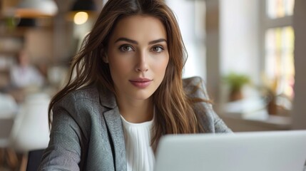 Remote Strategy Session: Female executive, at her desk with a laptop, engages confidently in a video conference, discussing important quarterly strategies with team members on screen.
