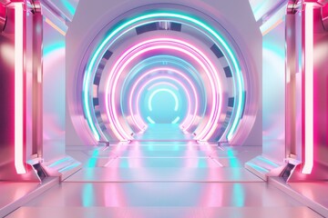 Obraz premium Futuristic Cityscape, an intricate 3D rendering of a vibrant metropolis filled with towering structures, glowing neon lights, and advanced technology, showcasing a visionary urban landscape.