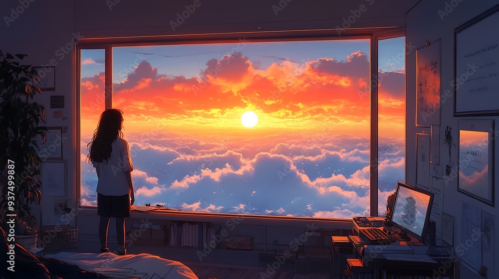 Wall mural Woman Looking Out Window at Sunset Over Clouds.