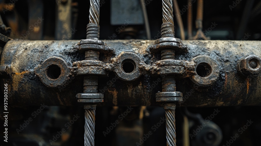 Poster close-up of rusted metal fasteners on a machine
