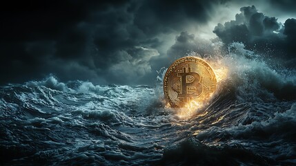 Bitcoin cryptocurrency coin in a stormy sea, symbolizing the volatile and unpredictable nature of digital markets.