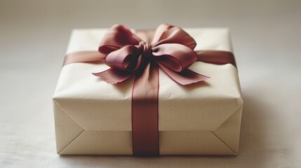 A neatly wrapped gift box tied with a satin ribbon resting on a soft background, symbolizing celebration and joy during a festive moment