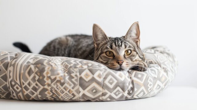Tabby cat relaxing on a pillow looking at viewer