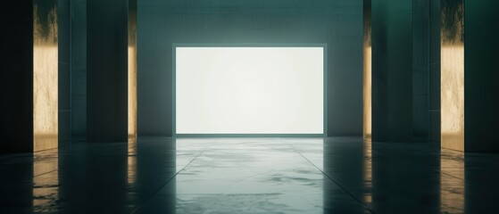 Elegant mockup showcasing a blank illuminated screen for branding, framed by golden pillars in a sleek, dark room with a glossy floor and vibrant green wall, ideal for presentations.