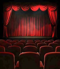 Empty Red Theater Seats and Stage Curtains