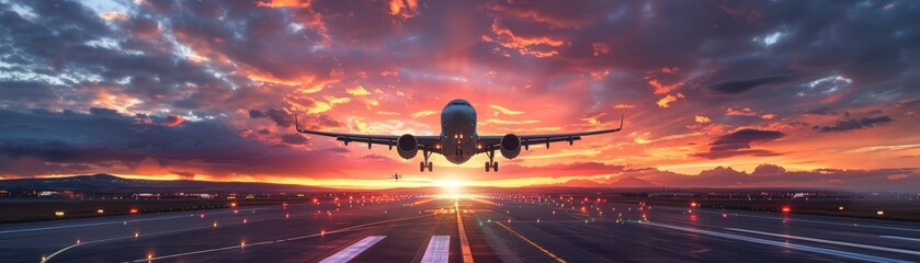 Fototapeta premium Airplanes taking off and landing at a vibrant sunset, airport, aviation activity