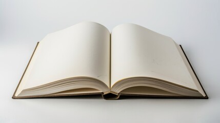 Fototapeta premium Open book with blank pages is lying on white table