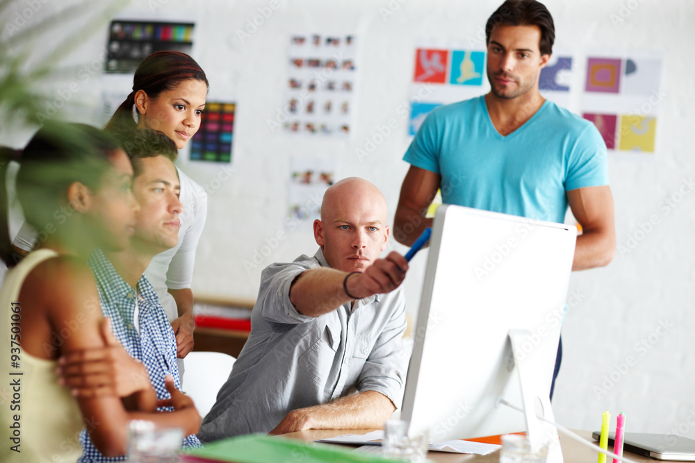 Aufkleber man, group and point at computer, startup and review for project management at graphic design agency
