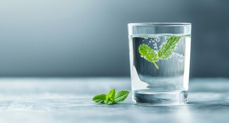 Clear glass of water with floating mint leaves and a wellness journal beside it, representing mindful hydration practices, hydration wellness benefit, mindful refreshment