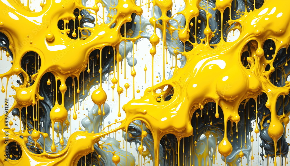 Poster abstract image of yellow liquid dripping and splashing in mid-air. liquid is captured in motion, cre