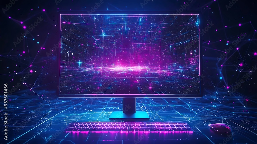 Poster computer screen with neon lights, digital network, abstract background, capturing the dynamic and fu