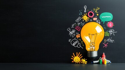 On a chalkboard, a hand-drawn lightbulb with a speech bubble full with ideas