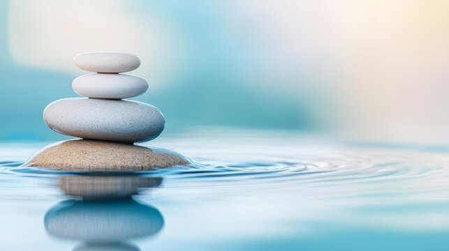 Serene image of water flowing over smooth stones, symbolizing the calming effects of proper hydration for overall wellness, hydration wellness benefit, calming flow