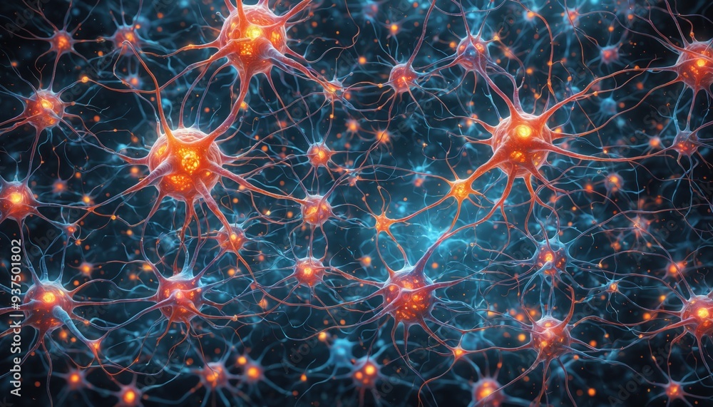 Poster neural network, showcasing interconnected neurons with glowing nuclei and complex dendrites