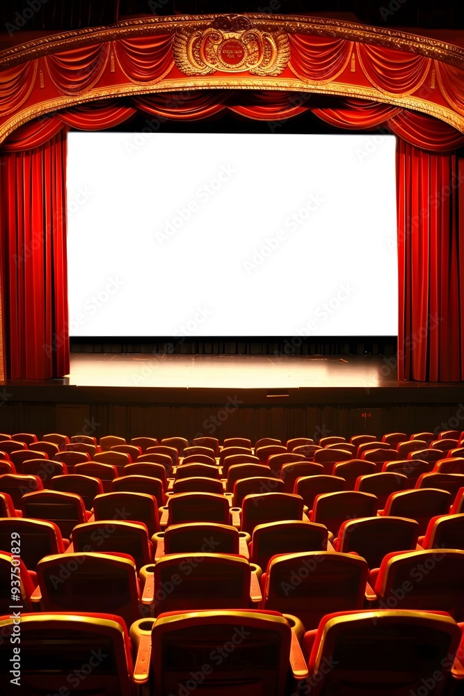 Poster empty theater seats with red curtains and a large screen