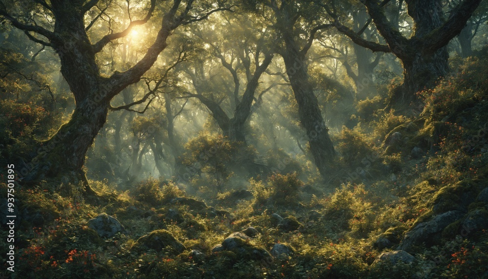 Poster sunlight streams through the branches of a misty forest at dawn, illuminating a path through the den