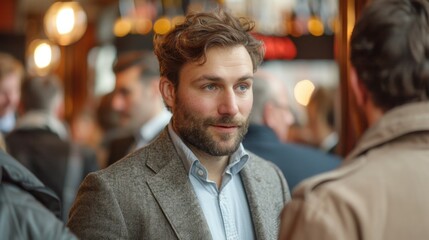 Fototapeta premium Professional Interaction: Business development executive at a networking event, exchanging business cards and discussing potential collaborations with other industry professionals. 