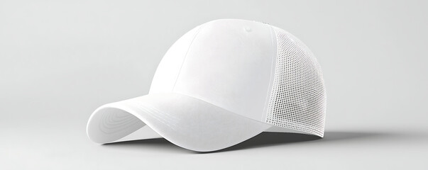 A high-quality mockup of a blank white baseball and trucker hat placed on a light background