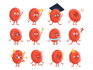 Various expressions of animated red blood cells depicting emotions and activities in a vibrant, playful style