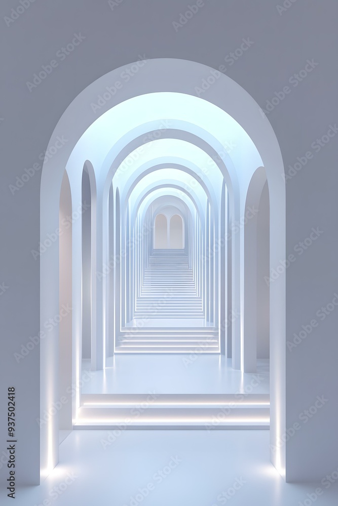 Wall mural white archway hallway with stairs