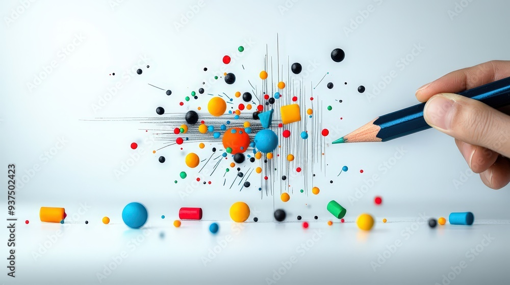 Poster hand-drawn sketch of punctuation marks with a pencil featuring dots commas and exclamation marks