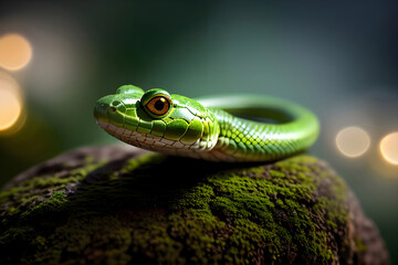 Fototapeta premium A small green snake with big yellow eyes looks at the camera. On the back captivity there is a decorated Christmas tree
