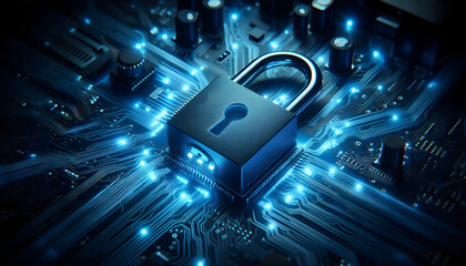 Image of padlock symbolizing digital security or cyber security. The lock is placed on a computer circuit that is illuminated by blue light. It represents the protection and security of data in comput