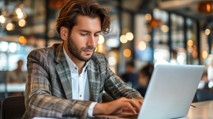 Trendsetting Manager: Dressed casually in a trendy outfit, the young social media manager works in an open office, rapidly typing on his laptop, scheduling posts and reviewing engagement data.
