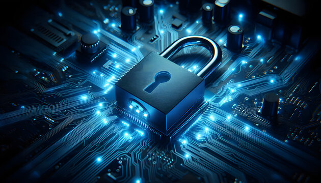 Image of padlock symbolizing digital security or cyber security. The lock is placed on a computer circuit that is illuminated by blue light. It represents the protection and security of data in comput