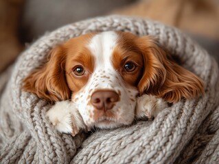 Adorable spaniel pup nestled in its owners lap, exuding warmth and familiarity, cozy bond, familiar comfort