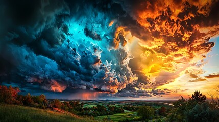 Dramatic sunset sky with storm clouds over a green valley landscape, blending the powerful beauty of nature with the serene calm of evening light.