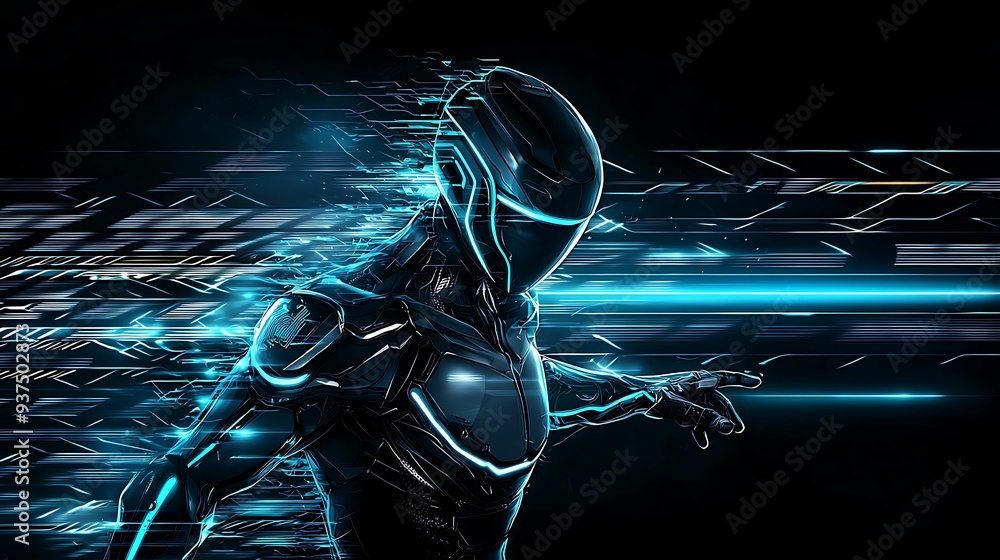 Poster a futuristic gaming mascot emerging from a digital world, rendered in a minimalistic style with clea