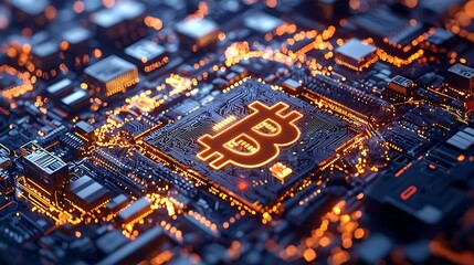 Bitcoin cryptocurrency digital currency symbol on a circuit board, capturing the cutting-edge nature of modern finance and technology integration.