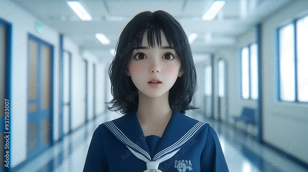 Poster Anime Schoolgirl in a Blue Uniform Standing in a Hallway.