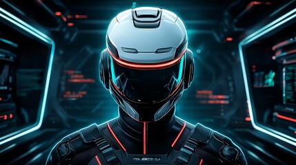 A futuristic gaming mascot rendered in a sleek, minimalistic style, surrounded by digital elements and neon lighting, set against a high-tech background, copy space for text,