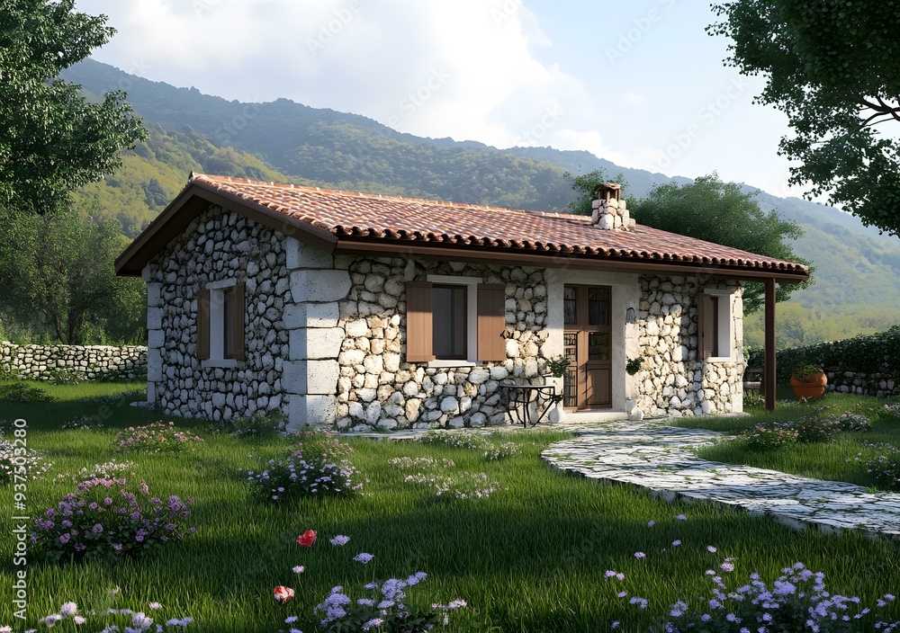 Sticker stone cottage with brown roof in a lush green landscape