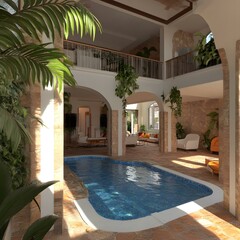 Indoor Swimming Pool with Archways and Lush Greenery