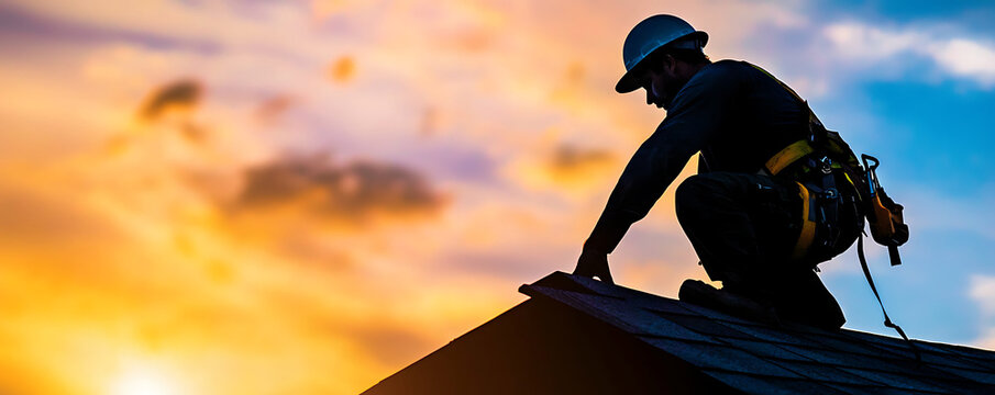 A silhouette of a dedicated roofer working atop a roof, captured against the backdrop of a vibrant and colorful sunset