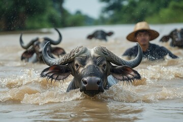 Obraz premium A herd of water buffalo swimming through floodwaters, guided by a Thai farmer to safety
