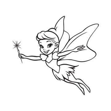 Tinker Bell Outline Design, Tinkerbell Clipart,  Tinker bell holding her wand Illustration in black and white