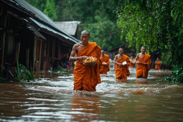 Thai monks wading through floodwaters to help distribute food and supplies to affected residents in a rural village