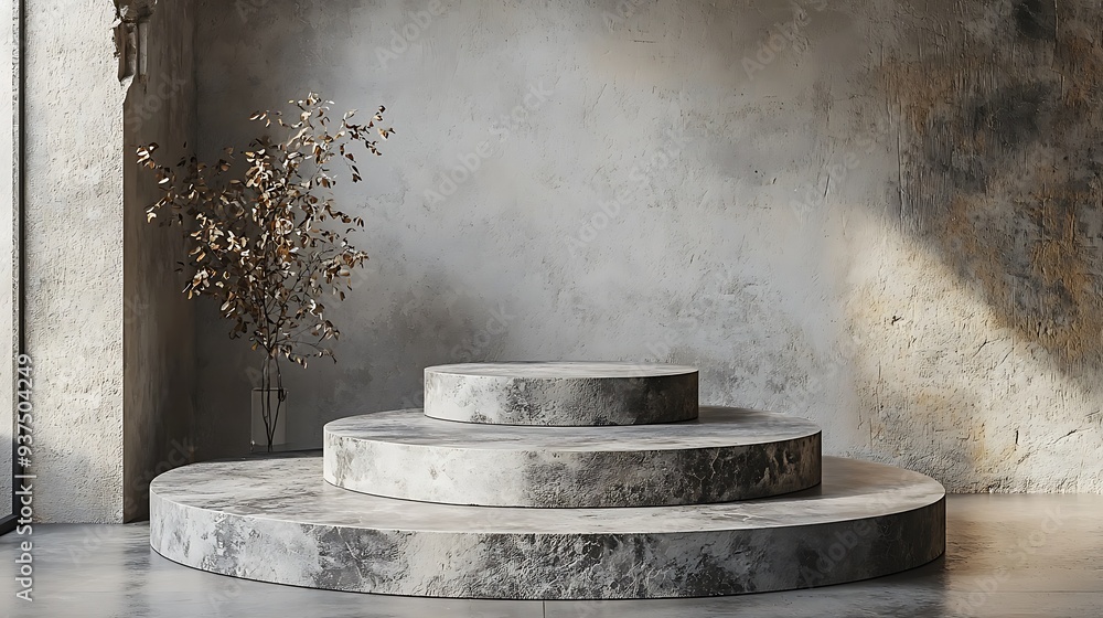 Poster minimalist concrete podium with dried plant in studio setting, creating a clean and refined space fo