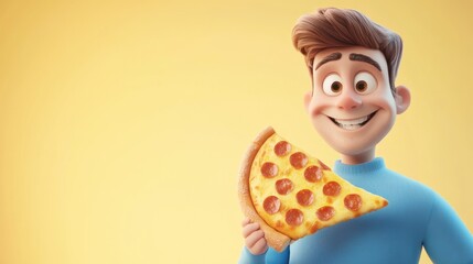 3D character close up portrait of a happy white man in a blue sweater, holding a large slice of pizza with a satisfied grin, on a pastel yellow gradient backdrop, copy space, cute cartoon style